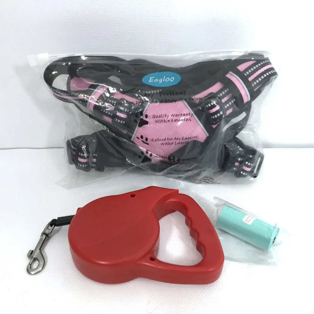 Eagloo Dog Harness Pink Black L No Pull Harness Reflective + Retractable Leash
